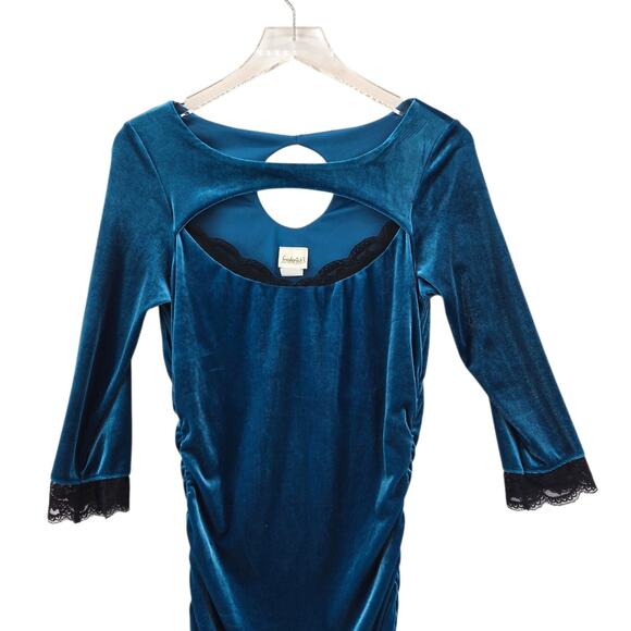 Vintage Frederick's Of Hollywood Bodycon Dress Peacock Blue Stretch Velvet Lace - Picture 11 of 11